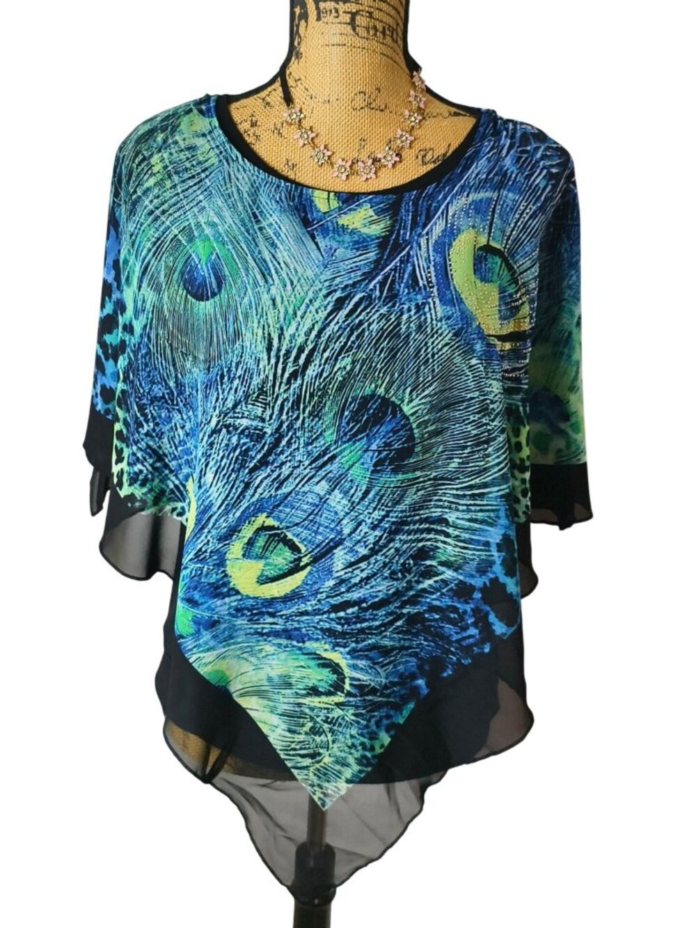 BLEU Womens S Poncho Blouse Peacock Feather Sheer Asymmetrical Psychedelic Boho